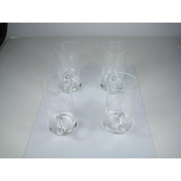 Set Of 4 Clear Floral Etched Glass Drinking Mugs Shot Glass Hot Toddy Barware - Picture 2 of 9